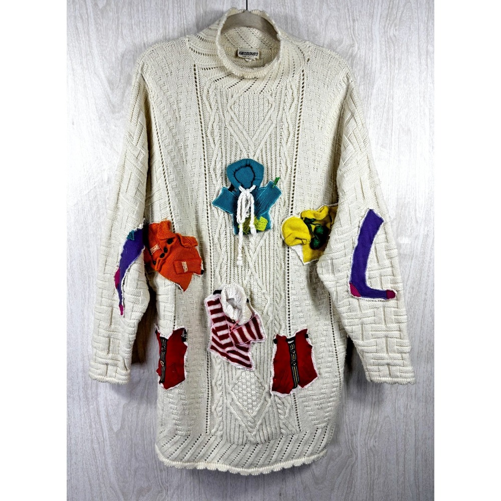 Vintage Knitmakers 3D Sweater Womens XL Clothesline 80s USA Novelty Art Knit - Picture 2 of 8